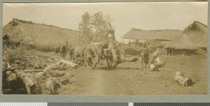 Unloading logs, Chogoria, Kenya, ca.1926