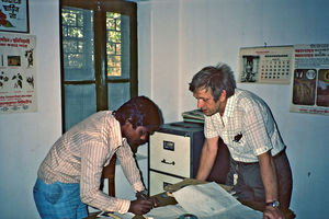 Bangladesh. Arthur Knudsen (right) at his office with a local employee, April 1983. Was sent by