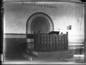 Pulpit in the chapel, Shilouvane, South Africa, ca. 1901-1907