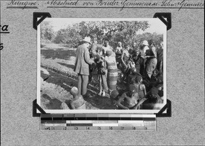 Missionaries Oskar and Mathilde Gemuseus saying farewell to Africans, Rungwe, Tanzania, 1931