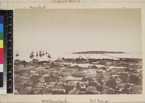 View of town and harbour, Mauritius, ca. 1870