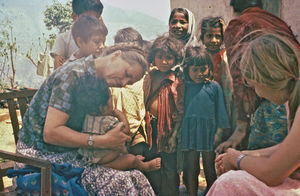 Danish Bangladesh Leprosy Mission/DBLM, Nilphamari. Missionary Tove Viftrup examining children