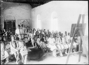 The teachers Abraham and Petro with a class, Gonja, Tanzania, 1920