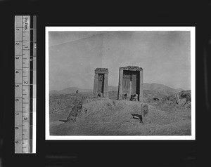 Stone memorial structures along roadside, Gansu Province, China, ca.1926