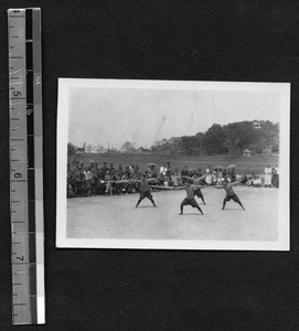 Women students doing Chinese boxing at Fukien Christian University, Fuzhou, Fujian, China, ca.1935