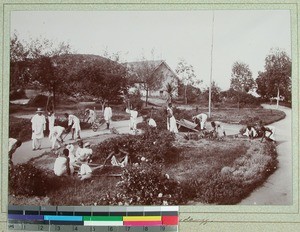 Malagasy workers in the Midongy Mission Station's garden, Madagascar, 1901