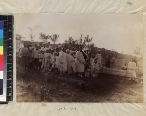Christian mourners, in white, and coffin at graveside, south China, ca. 1888-1906
