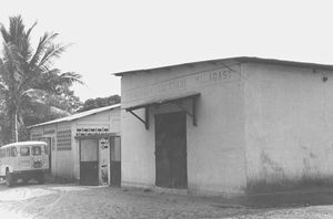 Church in Ambanja. Located in an old cocoa warehouse