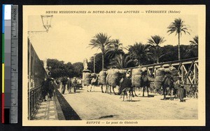 Man leads camels across a steel bridge, Egypt, ca.1900-1930