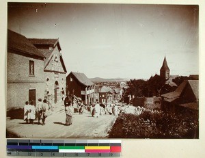 Ambatovinaky road including the theater and the Ambatonakanga Church, Ambatovinaky, Antananarivo, Madagascar, ca.1900