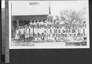 Emily S. Hartwell with the boys of Ah do Orphanage, Fuzhou, Fujian, China, 1916 Jul