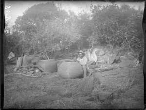 African men weaving baskets, Mhinga, South Africa, ca. 1892-1901