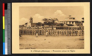 Line of marching men wearing uniforms and carrying rifles, Ethiopia, ca.1920-1940