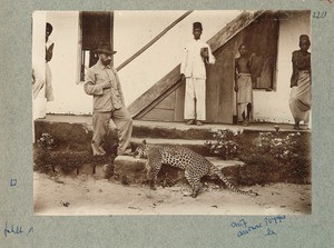 European man and four African boys next to killed leopard, Tanzania, ca.1901-1914