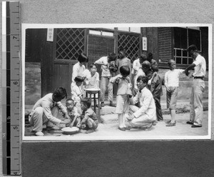 Learning about hygiene at vacation Bible school, Fenyang, Shanxi, China, 1936