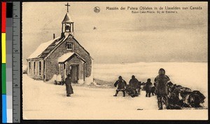 Men guiding a dogsled towards a small wooden church, Canada, ca.1920-1940