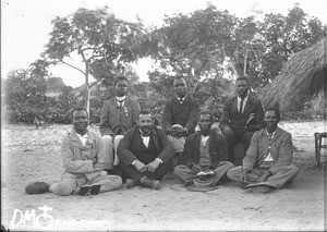 Arnold Borel with a group of African men, Gazine, Mozambique, 27 November 1909