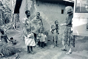 Anna-Lise Væggemose, AIDS consultant of Karagwe diocese, Tanzania, 1991-94. Here on a village v