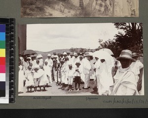 Missionaries talking with group, Madagascar, ca. 1915