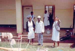 ELCT, Karagwe Diocese, Tanzania. Nyakahanga Hospital. Outside the Maternity Ward D. Gloves are