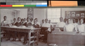 Male and female students sitting in a classroom at Adams College, KwaZulu-Natal, South Africa, ca.1915-1925