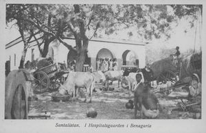 Post card with printed text: "Santalistan. At the hospital yard in Benagaria"