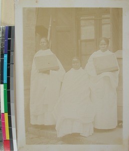 Three blind women with braille books, Alakamisy, Madagascar, ca.1910