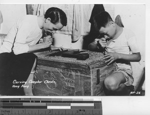 Chinese workers carving chests at Hong Kong, China, 1948