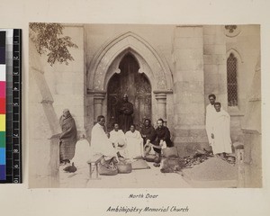 Group seated outside North door, Ambohipotsy Memorial church, Madagascar, ca. 1868-1885