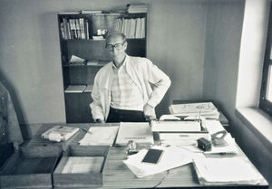 Kathmandu, Nepal, March 1985. Economy Secretary of UMN, Erling Wennemyr at his office