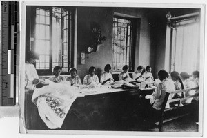 Making vestments in the industrial room, Hong Kong, China, ca. 1930