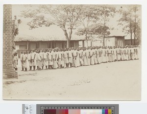 Children lined up outside the manse, Blantyre, Malawi, ca.1910