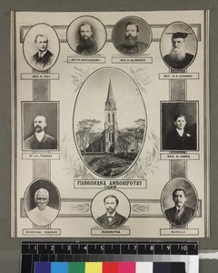 Montage print of Ambohipotsy church and personnel, ca. 1920