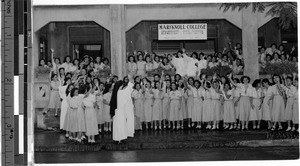 Maryknoll College students wave goodbye to Sr. Siena, Manila, Philippines, ca. 1930/1950