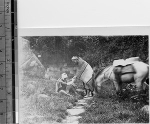 Acting out a scene from the Good Samaritan parable, Leshan, Sichuan, China, ca.1915-1925