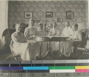 Six missionaries in the living room at the deaconesses' home, Mangarano, Madagascar, ca.1921