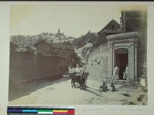 Street scene with Norwegian Church in background, Analakely, Antananarivo, Madagascar, ca.1895