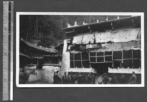 Tibetan Buddhist monks drumming, Batang, Sichuan, China, ca.1942