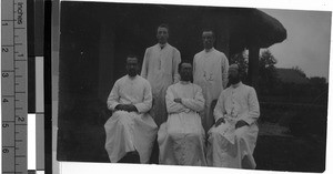 Five priests posing for a photo, Uganda, Africa, April 6, 1914