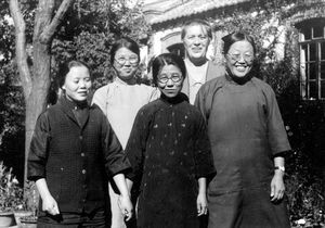 Helen Madsen and female workers in Dairen district. From left The Blind Miss. Chao Lai Chen, Mi