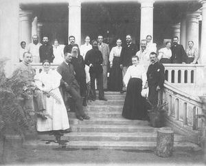 Missionaries gathered at a missionary conference in Saron January 14-17, 1900. Standing from th