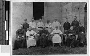 Priests and Cardinals in a group portrait outside a church, Cameroon, Africa, October 25, 1933