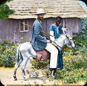 Missionary on donkey, Congo, ca. 1900-1915