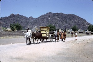 People with an ox-driven cart, Mokolo, Far North Region, Cameroon, 1953-1968