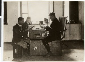 Meal in the hall of the rented mission house, Addis Abeba, Ethiopia, 1928