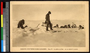 Men ice fishing on a snowy lake, Canada, ca.1920-1940