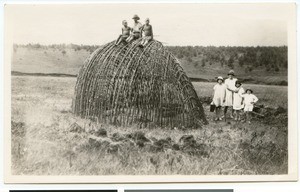 Children sitting on top of a wooden hut under construction, South Africa