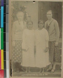 Karen Schaanning and Magna Bogevoll together with two Malagasy confirmants, Antsirabe, Madagascar, 1934