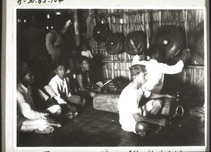 Drummers in the festival hut (balai tiwah) at a funeral. 1936