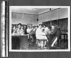 Working in biology laboratory, Jinan, Shandong, China, ca.1940